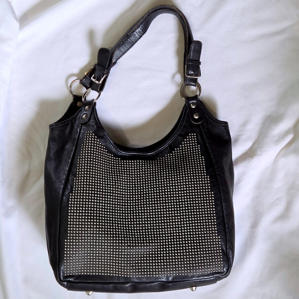 Maurizio Taiuti Shoulder Bag Large Black Leather Studded Hobo Made in Italy